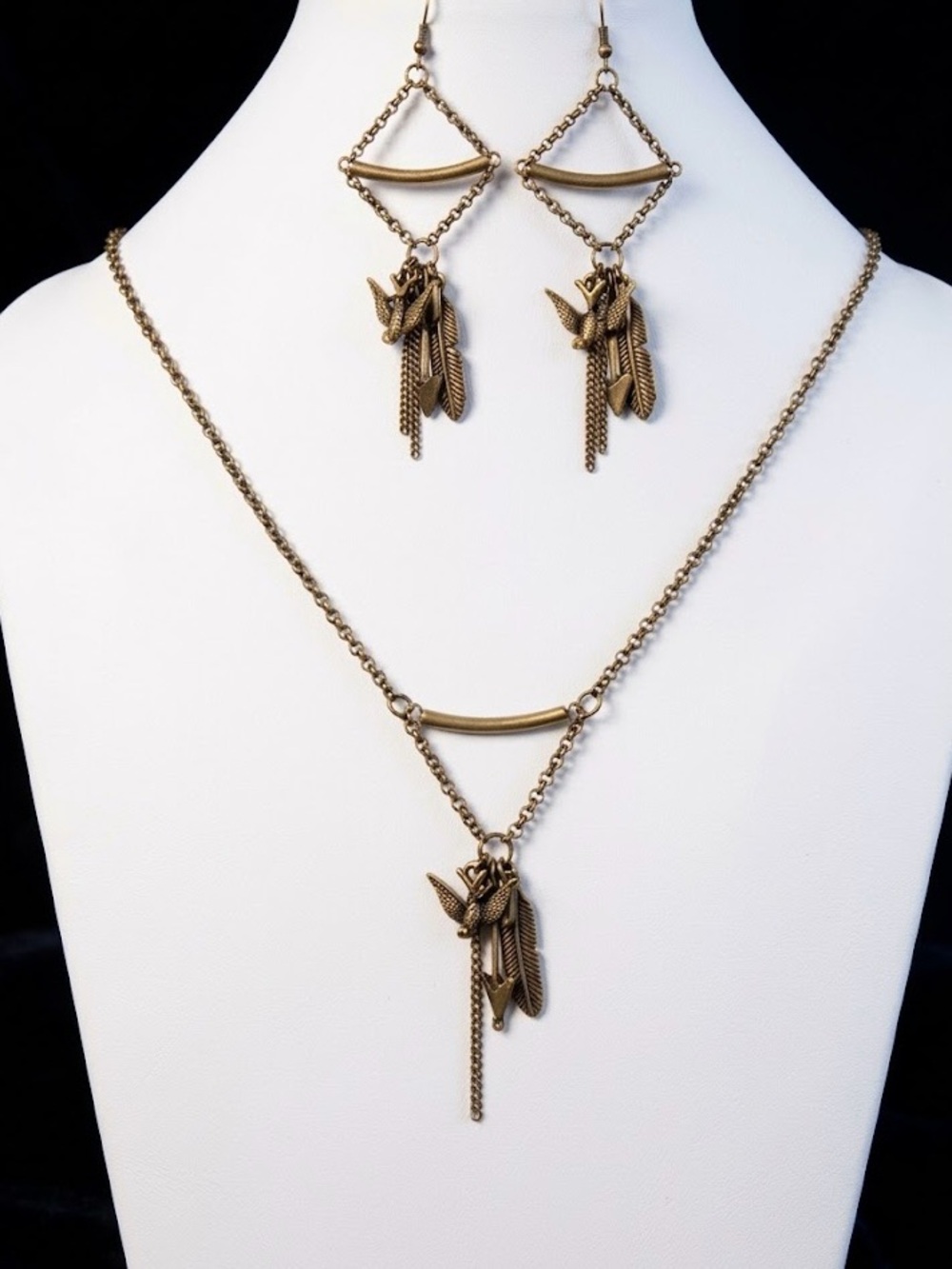 Boho Antique Brass Bird & Feather Charm Necklace & Earring Set